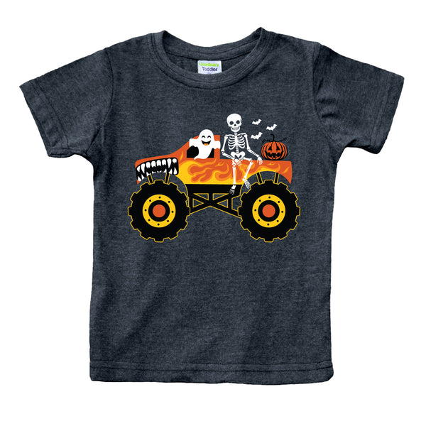 Kids Halloween Shirt for Toddler Boys Funny Spooky Ghost Pumpkin Face Skeleton Flame Truck Halloween Costume Graphic Tee