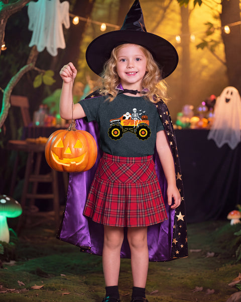 Kids Halloween Shirt for Toddler Boys Funny Spooky Ghost Pumpkin Face Skeleton Flame Truck Halloween Costume Graphic Tee