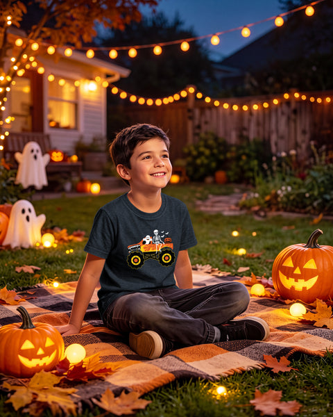 Kids Halloween Shirt for Toddler Boys Funny Spooky Ghost Pumpkin Face Skeleton Flame Truck Halloween Costume Graphic Tee