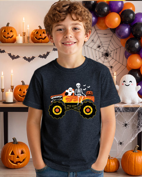 Kids Halloween Shirt for Toddler Boys Funny Spooky Ghost Pumpkin Face Skeleton Flame Truck Halloween Costume Graphic Tee