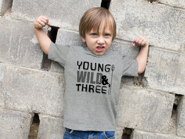 Young Wild and Three 3rd Birthday Shirt boy 3 Year Old Toddler Third Outfit 3 yr